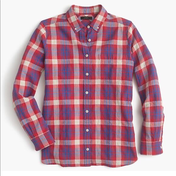 J. Crew Women's Shrunken‎ Boy Shirt Collar in Red Weekend Plaid Size 10 - Picture 1 of 5